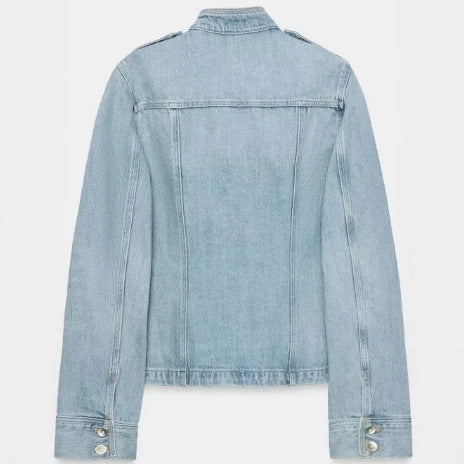 Damen Jeansjacke im Utility-Look mit Stehkragen, Pattentaschen und Schulterpatten Nord Taschen