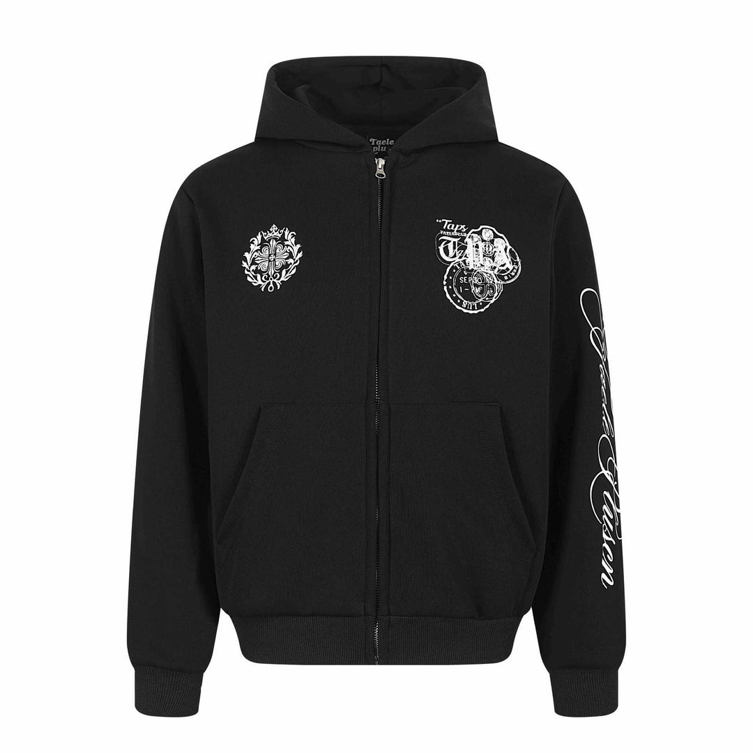 Unisex Kapuzen‑Sweatjacke mit durchgehendem Reißverschluss, Kängurutasche und ornamentalen Siegel‑Prints Nord Taschen