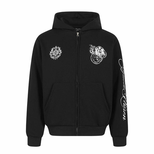 Unisex Kapuzen‑Sweatjacke mit durchgehendem Reißverschluss, Kängurutasche und ornamentalen Siegel‑Prints Nord Taschen
