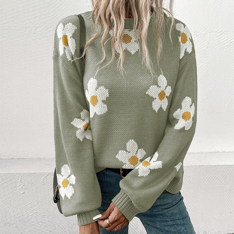 Damen Gemusterter Strickpullover mit Blumenmotiv Nord Taschen