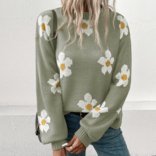Damen Gemusterter Strickpullover mit Blumenmotiv Nord Taschen