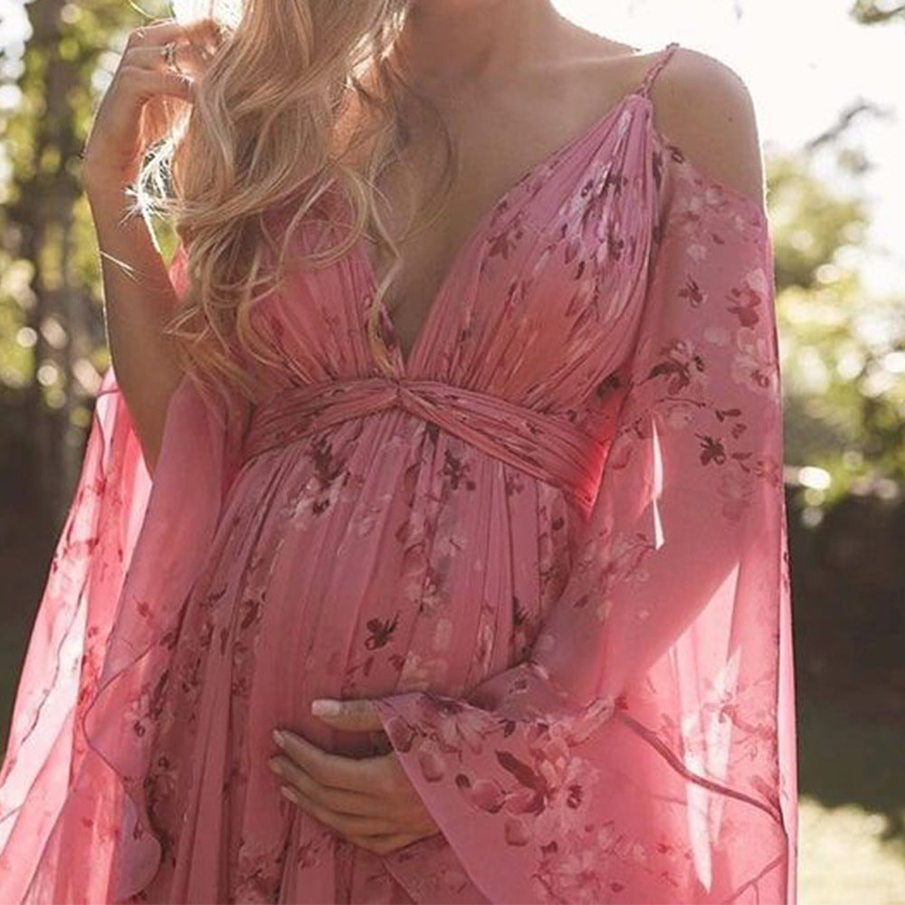 Damen Luftiges Maxi-Kleid mit floralen Akzenten und schwingenden Ärmeln