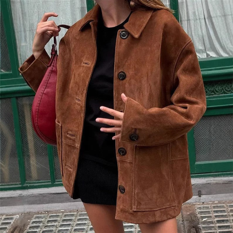 Damen Velourslederjacke mit weitem Schnitt, Hemdkragen und aufgesetzten Taschen Nord Taschen