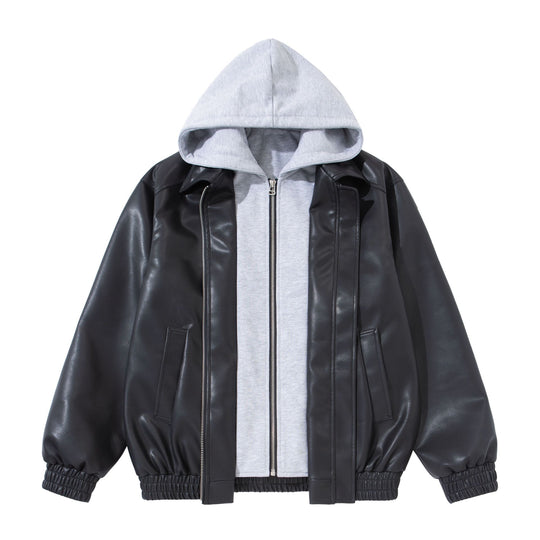 Herren Boxy-Lederblouson mit angenähter Jersey-Kapuze und geripptem Saum Nord Taschen