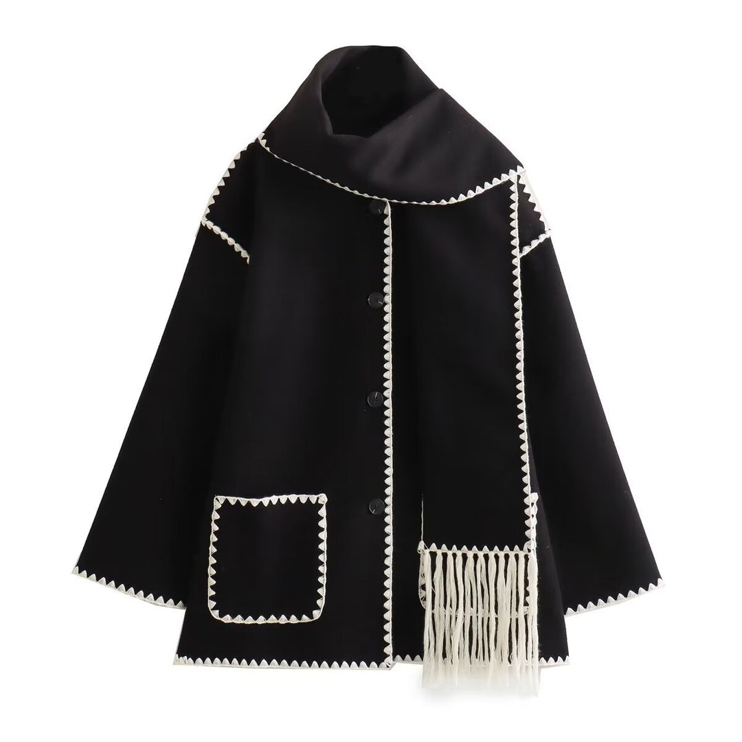 Damen Kurze Capejacke im Vintage-Stil mit übergroßem Schalkragen, kontrastierender Zierkante und Fransenbesatz Nord Taschen