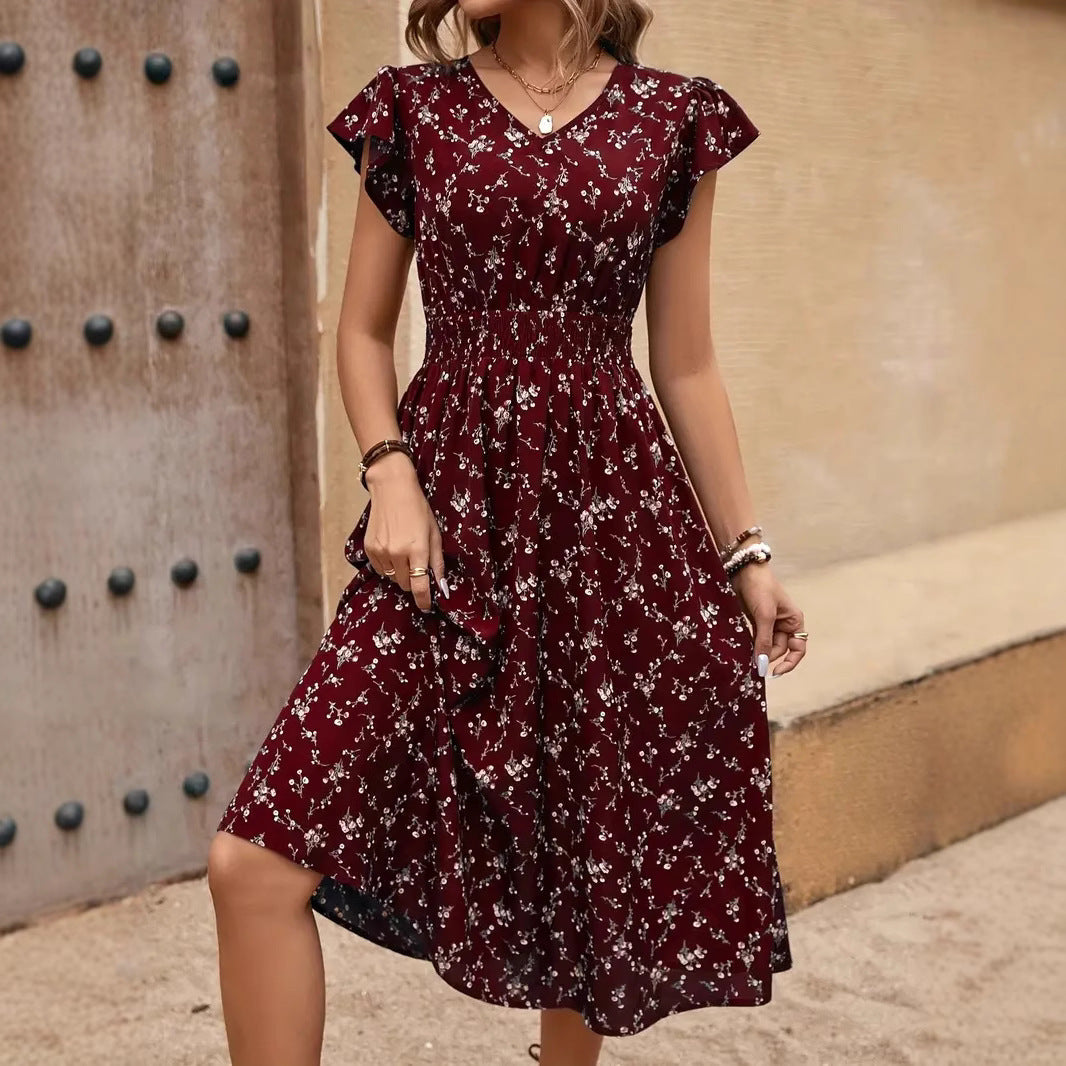 Damen Midikleid mit elastischem Tailleneinsatz und Rüschenärmeln