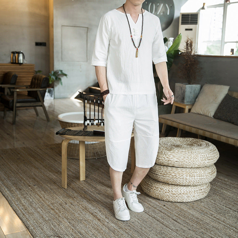 Herren Leichtes Leinen-Relax-Set mit dreiviertelärmeliger Tunika und verkürzter Culotte-Hose Nord Taschen