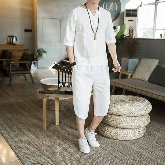 Herren Leichtes Leinen-Relax-Set mit dreiviertelärmeliger Tunika und verkürzter Culotte-Hose Nord Taschen