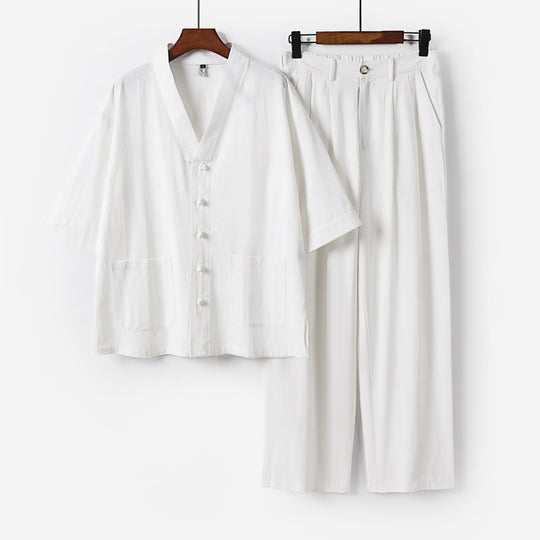 Unisex Zen-inspiriertes Relax-Set mit Kurzarm-Kimono-Oberteil, verdeckter Knopfleiste und elastischer Bundhose Nord Taschen