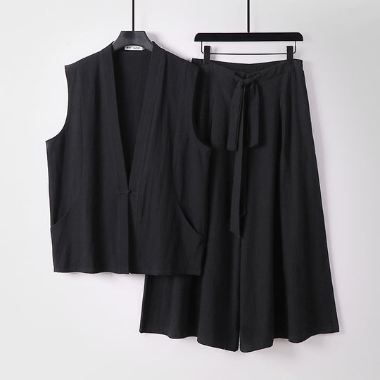 Damen Ärmelloses Kimono-Loungewear-Set aus leichtem Viskose-Leinen mit Bindeweste und weiten Palazzo-Hose Nord Taschen