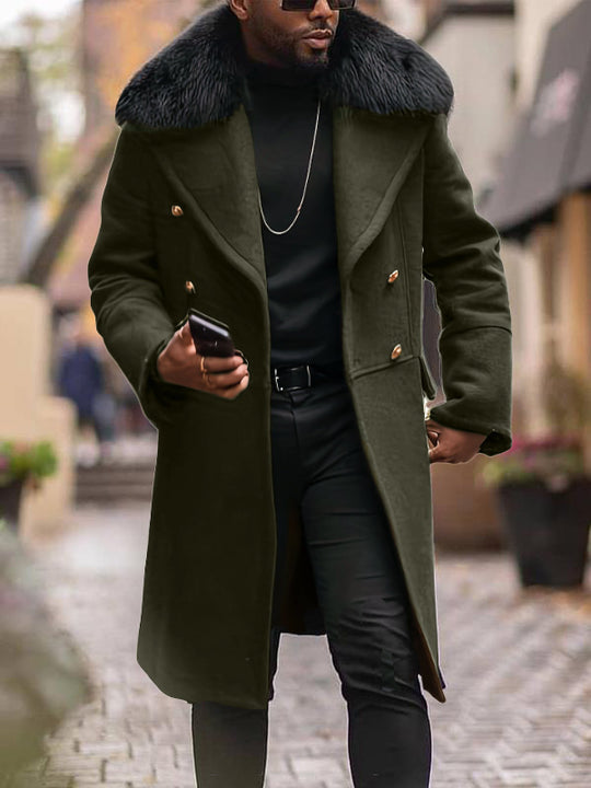 Herren Doppelreihiger Wollübermantel mit voluminösem Schafsfellkragen und goldenen Zierknöpfen Nord Taschen