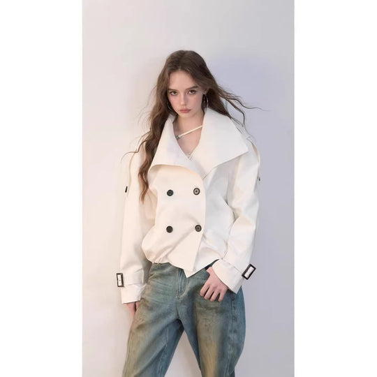 Damen Oversized Doppelreihige Trench-Bomberjacke mit hohem Stehkragen Nord Taschen