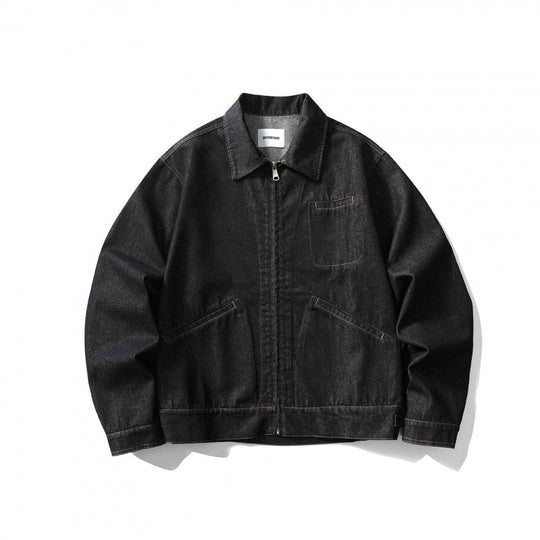 Unisex Kastige Denim-Blousonjacke mit durchgehendem Reißverschluss, Hemdkragen und aufgesetzten Eingrifftaschen Nord Taschen