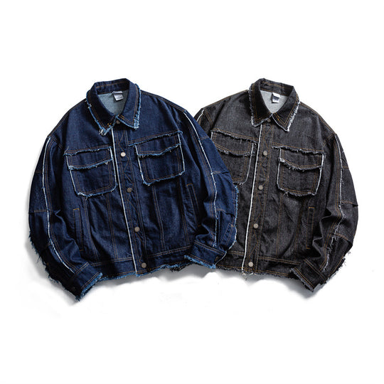 Herren Oversize Jeansjacke mit ausgefransten Kanten und großen Pattenstaschen Nord Taschen