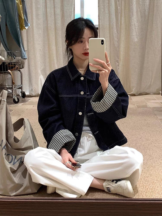Damen Oversized Jeansjacke mit kontrastiertem Karo-Futter und Umschlagmanschetten Nord Taschen