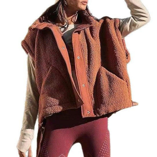 Damen Übergroße Teddyfleece-Weste mit Kapuze und Druckknöpfen Nord Taschen