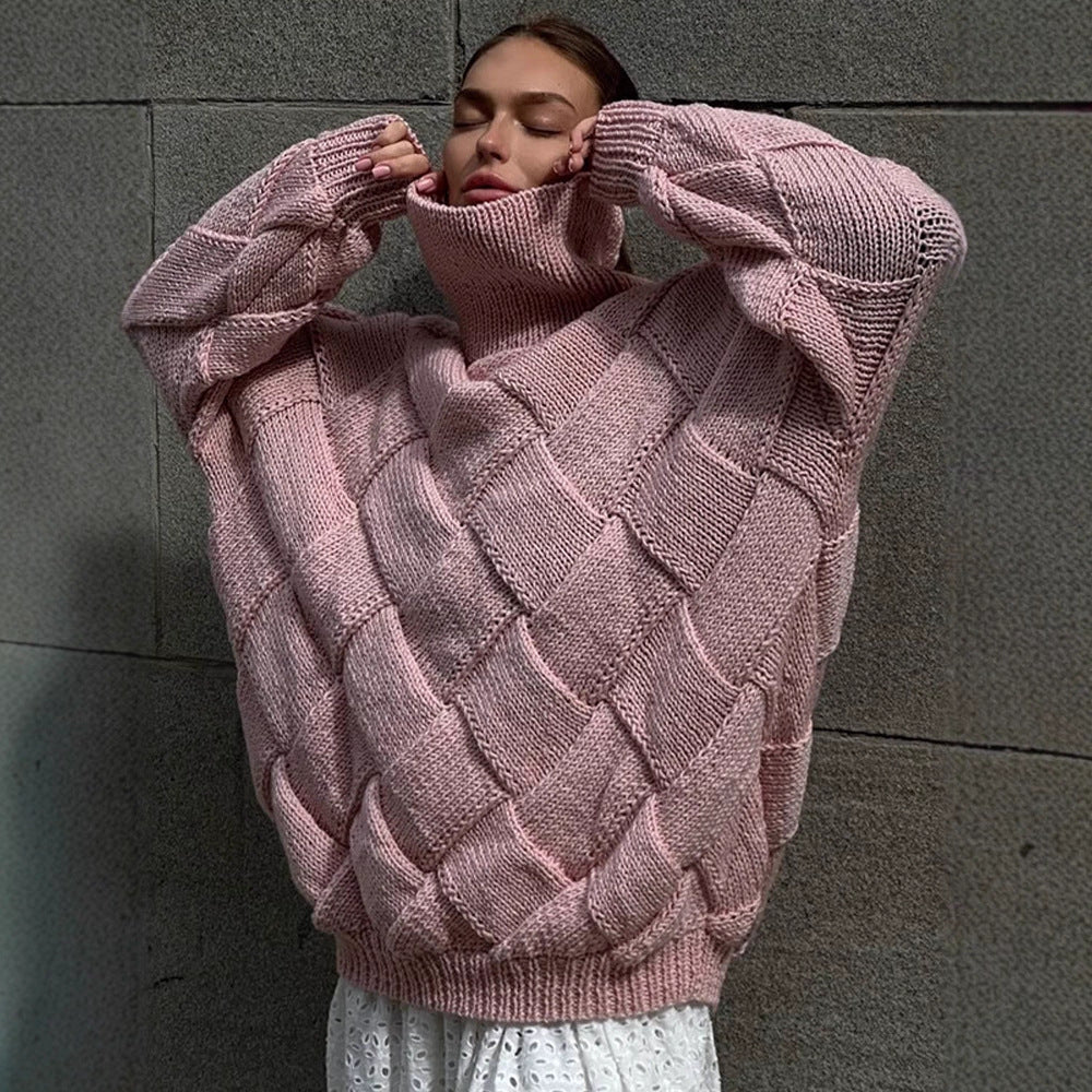 Damen Oversize Strickpullover mit Rollkragen, Zopfmuster und voluminösen Ballonärmeln Nord Taschen