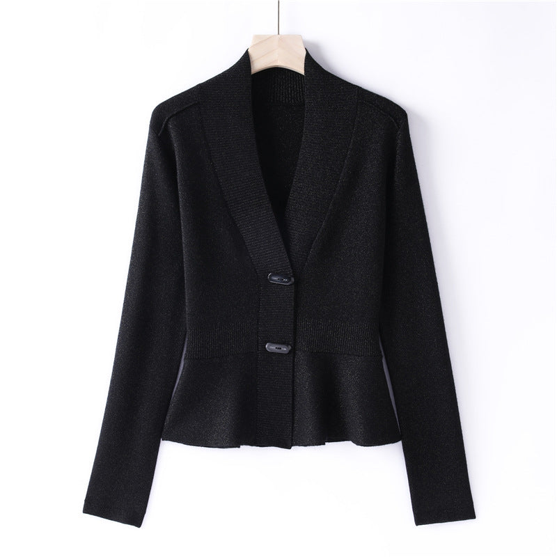 Damen Feiner Strickcardigan mit Schalkragen, taillenbetontem Peplum und Zierknopfleiste Nord Taschen