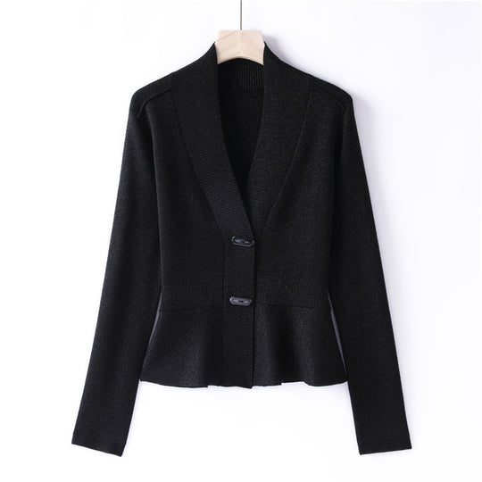 Damen Feiner Strickcardigan mit Schalkragen, taillenbetontem Peplum und Zierknopfleiste Nord Taschen