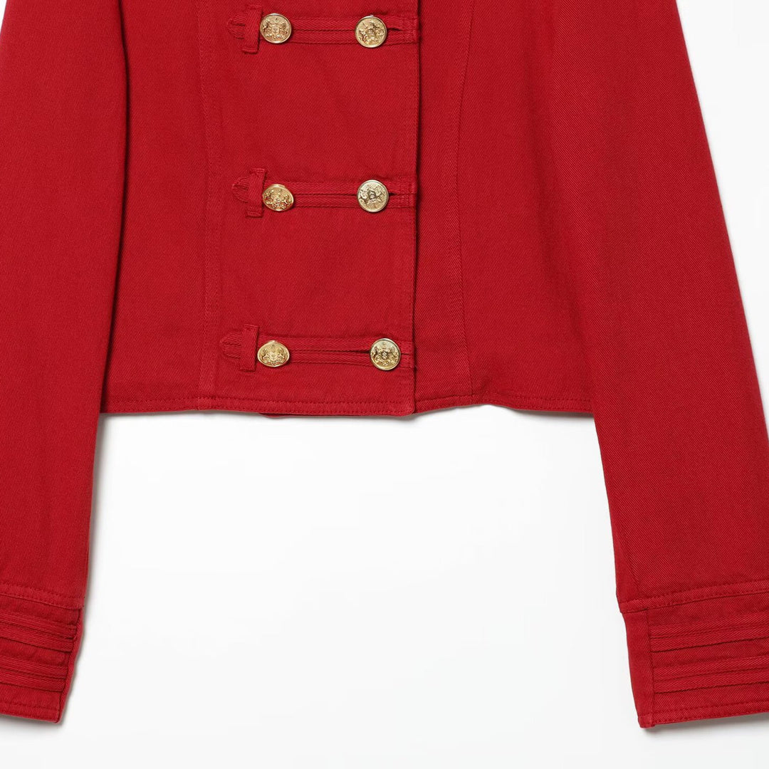 Damen Kurze Militärblazer-Jacke mit Stehkragen und goldenen Zierknöpfen Nord Taschen