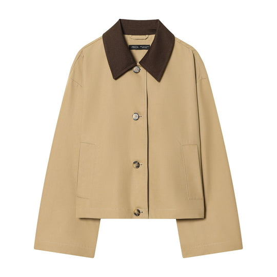 Damen Cropped Kurzjacke mit kontrastfarbenem Cordkragen und geradem Boxy‑Schnitt Nord Taschen