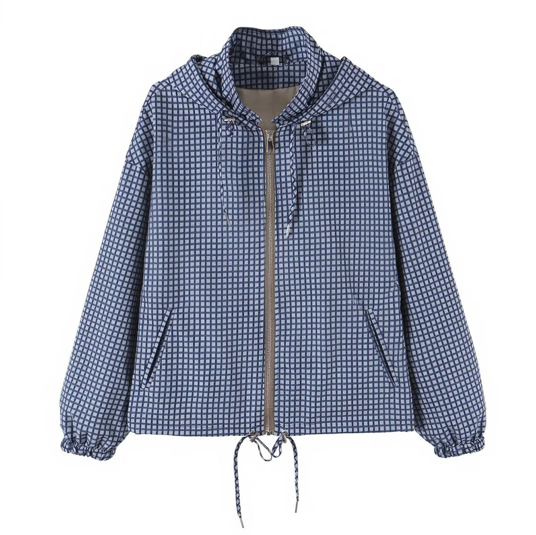 Damen Leichte Kapuzen-Boxy-Übergangsjacke mit Karo-Gitterprint, Tunnelzug und Elastikbündchen Nord Taschen