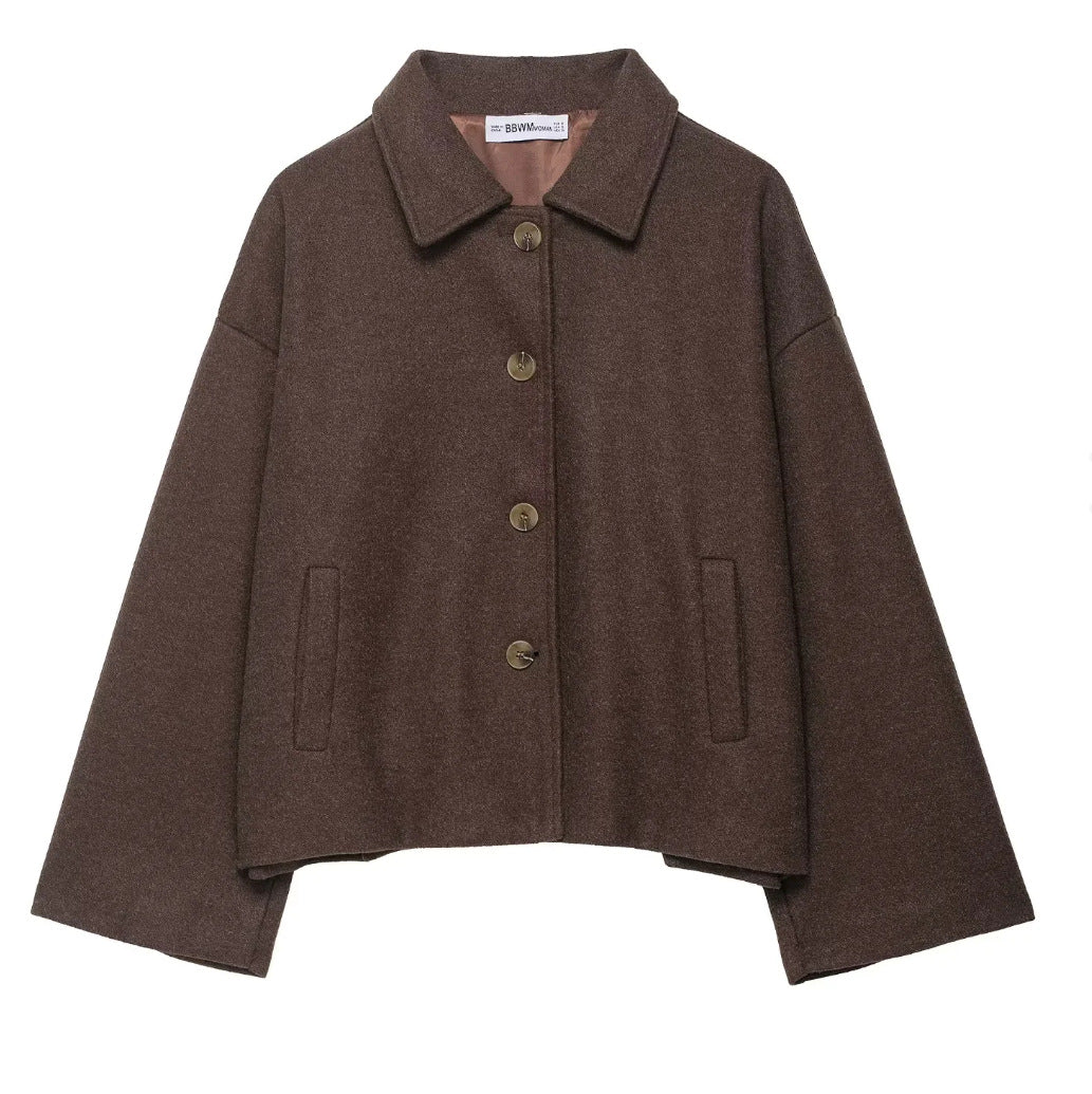Damen 600+ kurze boxy Wollmix‑Jacke mit Hemdkragen, geknöpfter Front und Eingrifftaschen Nord Taschen