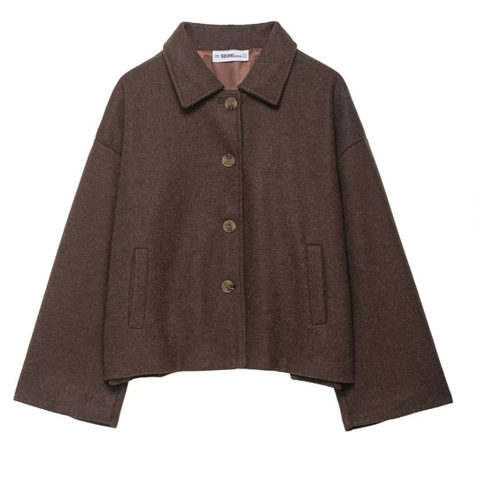 Damen 600+ kurze boxy Wollmix‑Jacke mit Hemdkragen, geknöpfter Front und Eingrifftaschen Nord Taschen