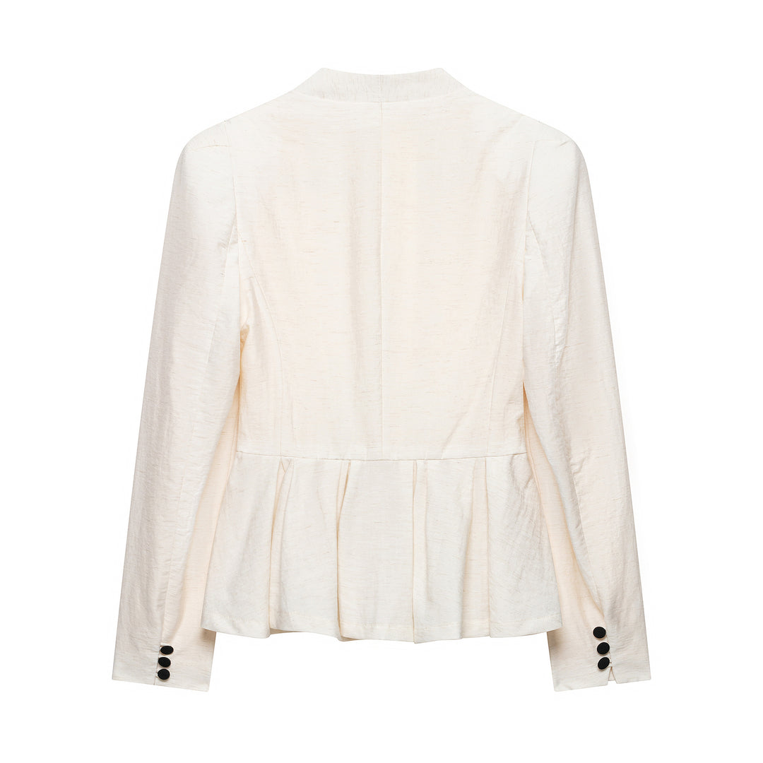 Damen Taillierte Blazerjacke mit tiefem V-Ausschnitt, Plissée‑Peplum und dekorischer Knopfleiste Nord Taschen