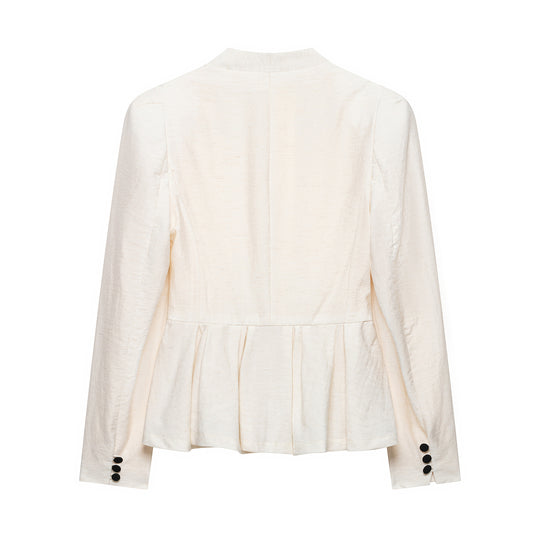 Damen Taillierte Blazerjacke mit tiefem V-Ausschnitt, Plissée‑Peplum und dekorischer Knopfleiste Nord Taschen