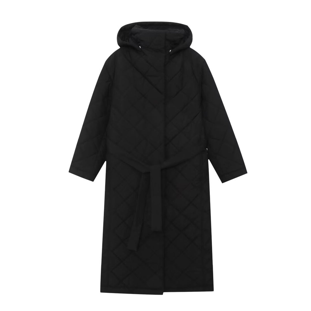 Damen Steppmantel mit Kapuze, Taillengürtel und Rautensteppung Nord Taschen