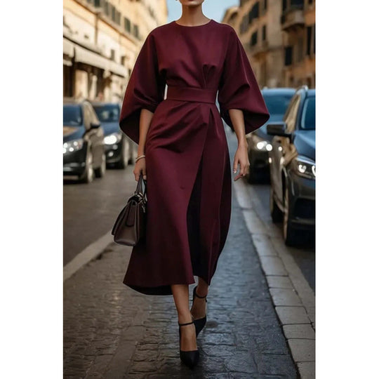 Damen Elegantes Midikleid mit weitem Kimonoärmel und tailliertem Wickelbund Nord Taschen
