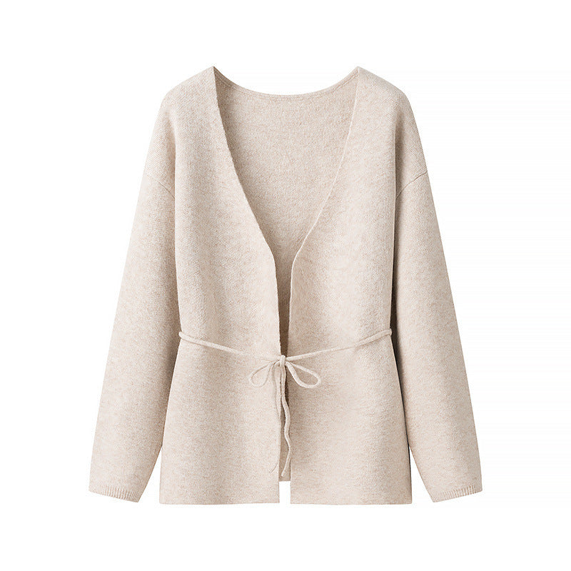 Damen Offener Strickcardigan mit Bindegürtel und V‑Ausschnitt Nord Taschen