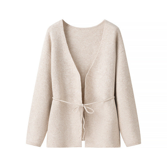 Damen Offener Strickcardigan mit Bindegürtel und V‑Ausschnitt Nord Taschen
