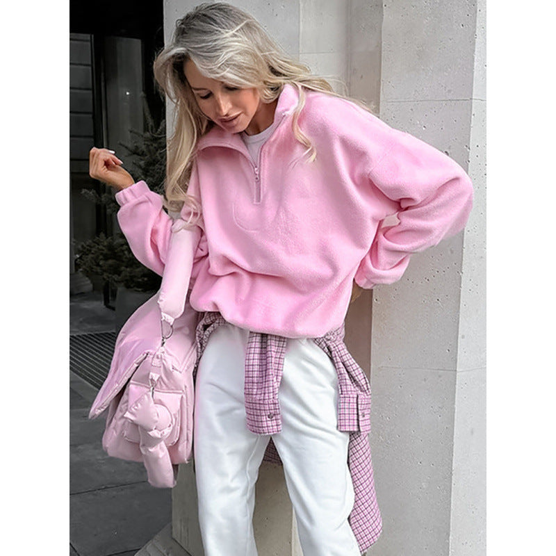 Damen Oversized Fleecepullover mit halbem Reißverschluss und Stehkragen Nord Taschen