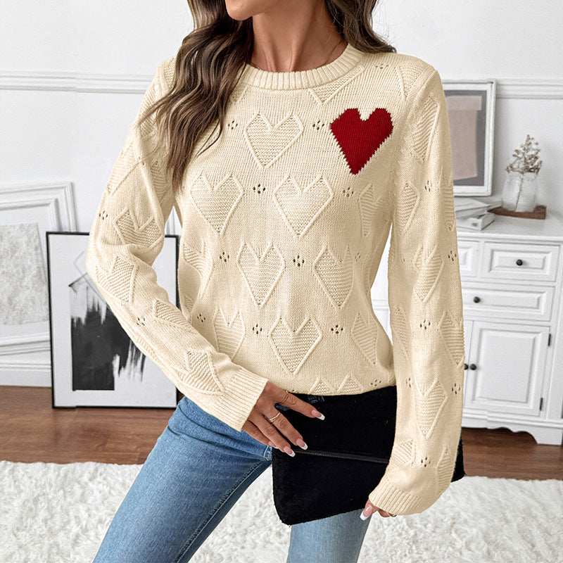 Damen Feinstrickpullover mit Ajour‑Herzmuster, appliziertem Zierherz und Rundhals Nord Taschen