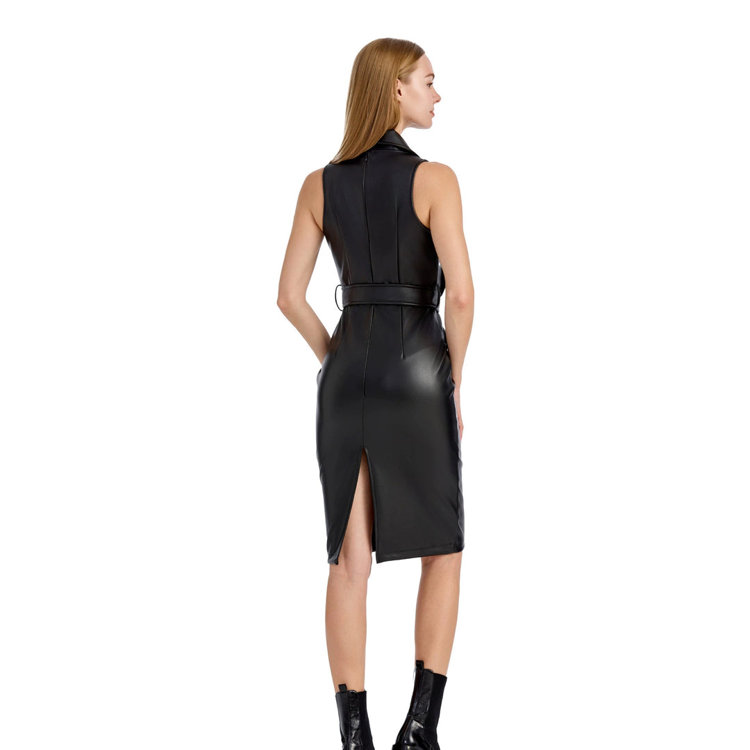 Damen Ärmelloses tailliertes Bleistiftkleid aus Lederoptik mit Reverskragen Nord Taschen