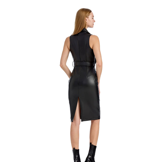 Damen Ärmelloses tailliertes Bleistiftkleid aus Lederoptik mit Reverskragen Nord Taschen