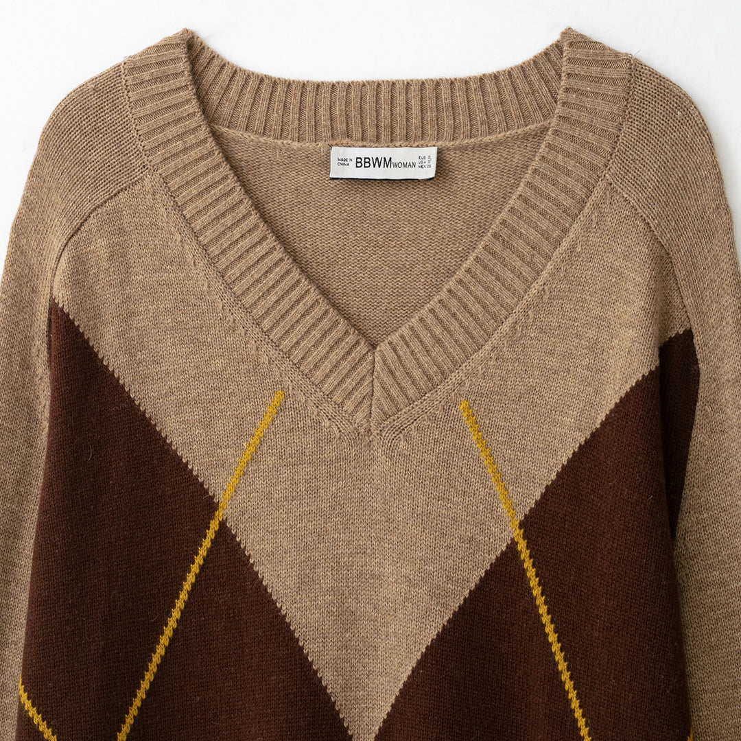 Damen Argyle V-Ausschnitt Pullover aus Feinstrick mit Raglanärmeln und Rippbündchen Nord Taschen