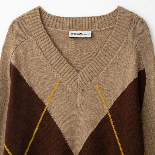 Damen Argyle V-Ausschnitt Pullover aus Feinstrick mit Raglanärmeln und Rippbündchen Nord Taschen