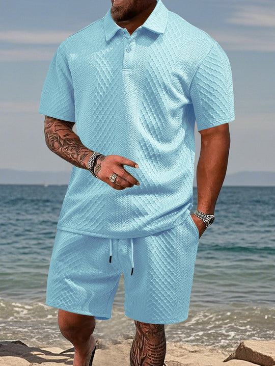 Herren nan geprägtes Strand-Ensemble mit offenem Kurzarm-Hemd und Kordel-Bermuda