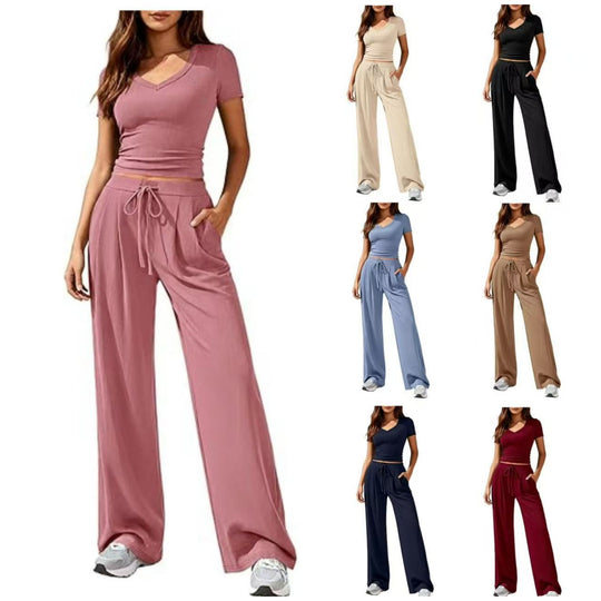 Damen Lässiges Lounge-Set mit tailliertem V-Ausschnitt bauchfreiem Top und weitem Kordelbund-Hose Nord Taschen