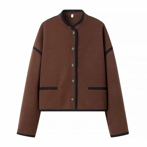 Damen Kurzjacke mit Rundhals, kastiger Cropped‑Silhouette und Kontrastpaspel Nord Taschen