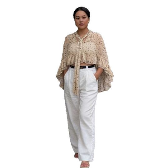 Damen transparente gepunktete Chiffon-Cropped-Bluse mit Krawattenband, Volants und Cape-Schnitt Nord Taschen