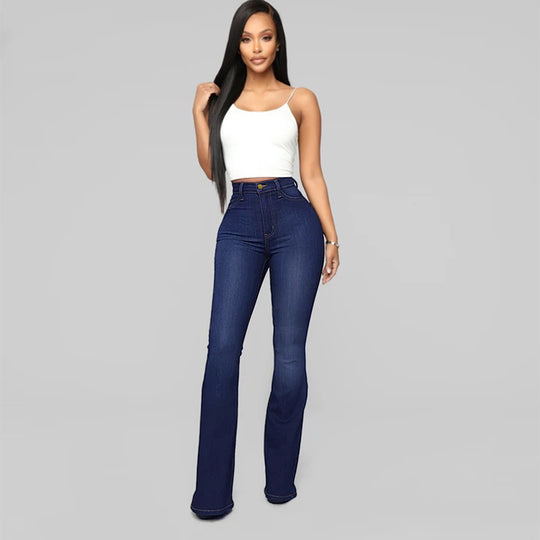 Damen Hochgeschnittene Flared-Jeans aus Stretch-Denim mit taillenformendem Schnitt Nord Taschen