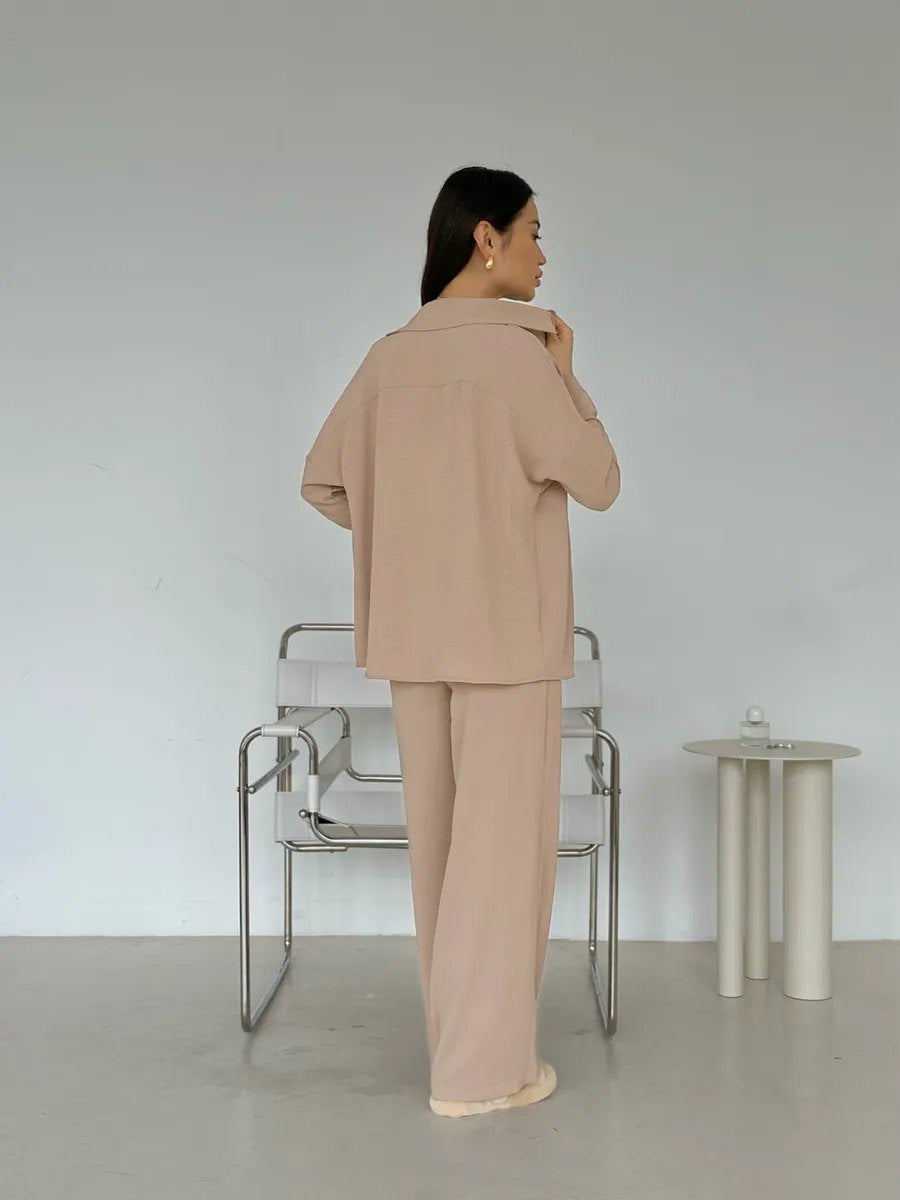 Damen Zweiteiliges Lounge-Set Oversize-Bluse mit Brusttasche und weiter Palazzo-Hose Nord Taschen