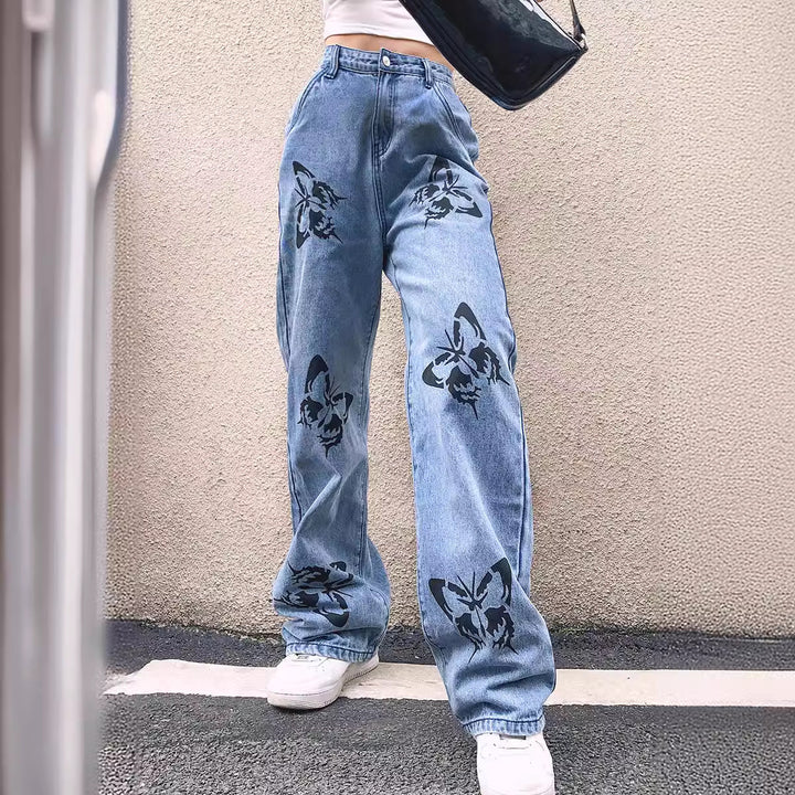Damen weite High-Waist-Jeans mit Gothic-Schmetterlingsprint und entspanntem Straight-Leg Nord Taschen