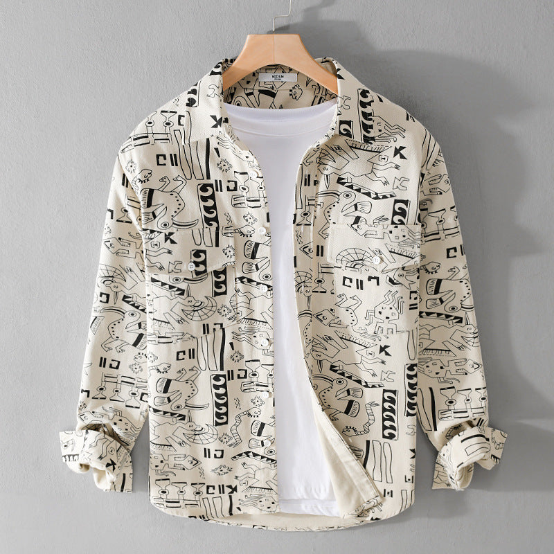 Herren Leichtes Baumwoll-Overshirt mit künstlerischem Linien-Print und doppelter Brusttasche Nord Taschen