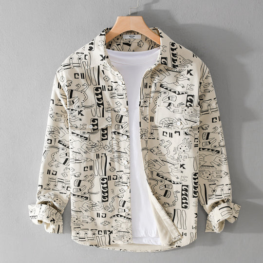 Herren Leichtes Baumwoll-Overshirt mit künstlerischem Linien-Print und doppelter Brusttasche Nord Taschen