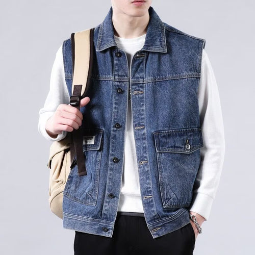 Herren Ärmellose Jeans-Workerweste mit Pattentaschen und kastiger Passform Nord Taschen